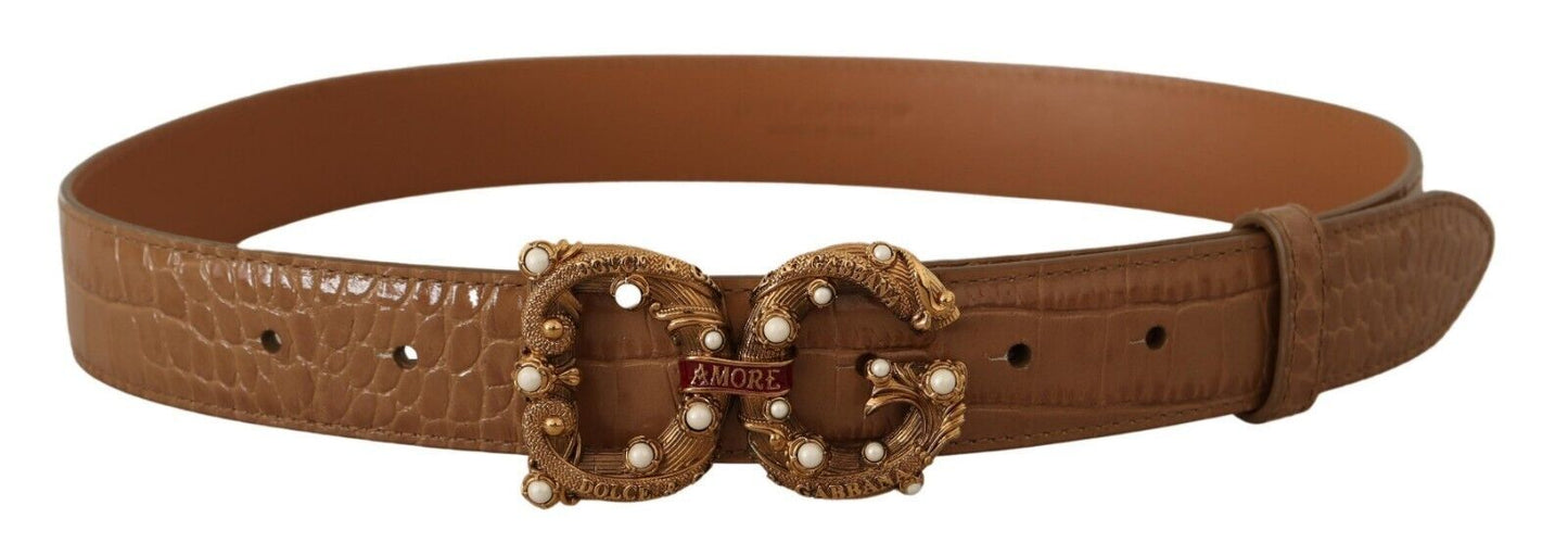 - Brown Crocodile Print Leather Amore Belt with Pearls