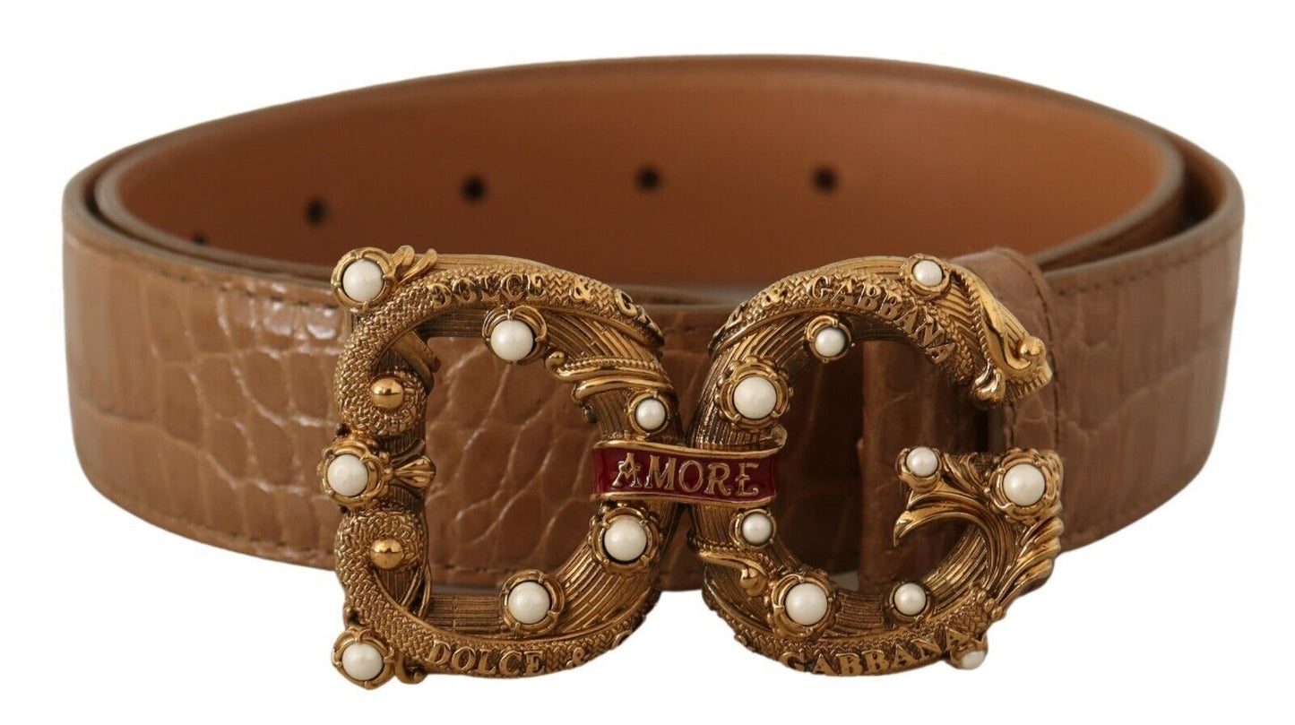 - Brown Crocodile Print Leather Amore Belt with Pearls