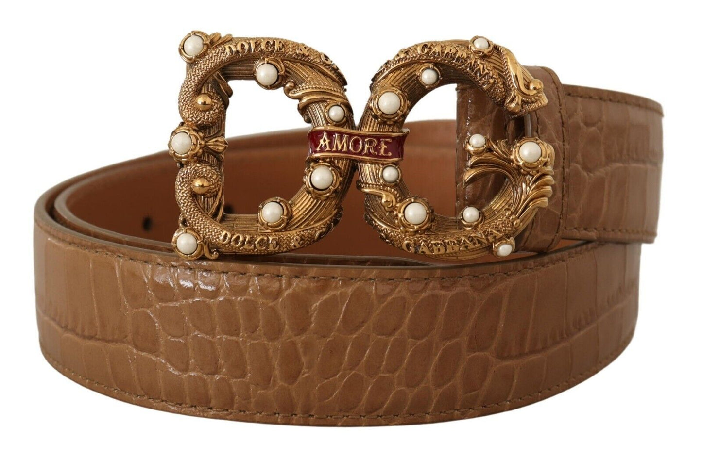 - Brown Crocodile Print Leather Amore Belt with Pearls