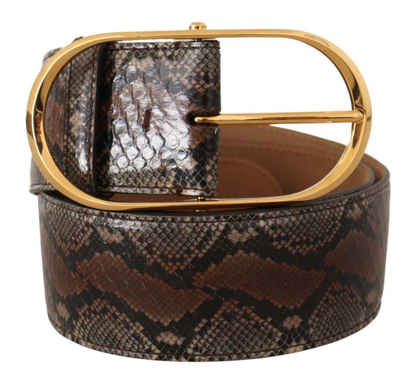 - Brown Snakeskin Print Leather Belt with Gold Buckle