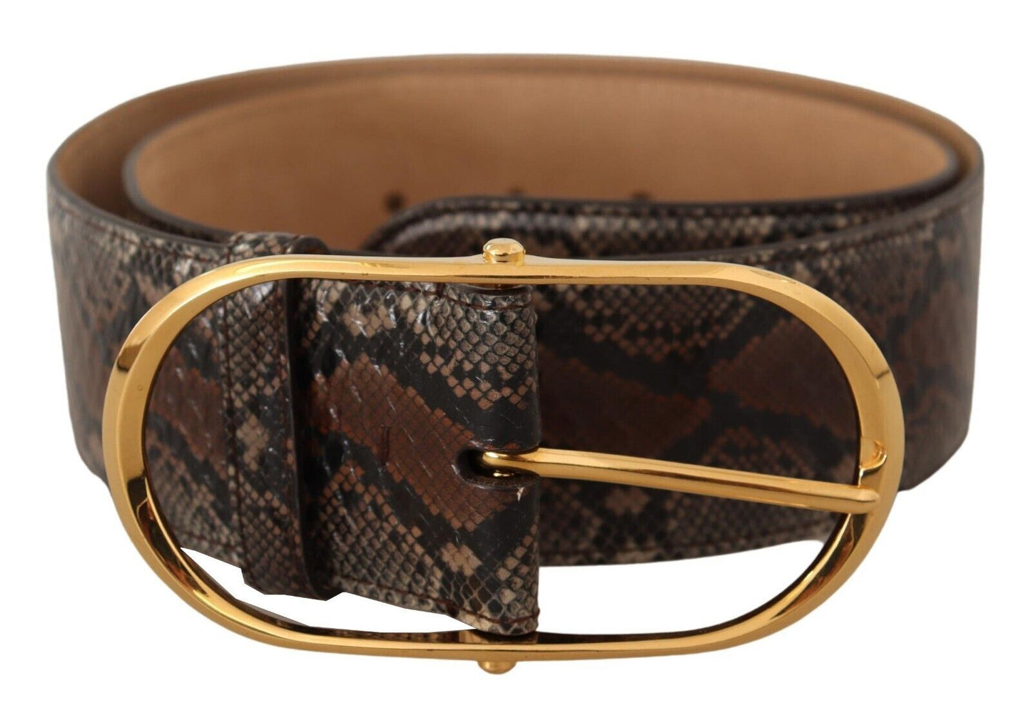 - Brown Snakeskin Print Leather Belt with Gold Buckle