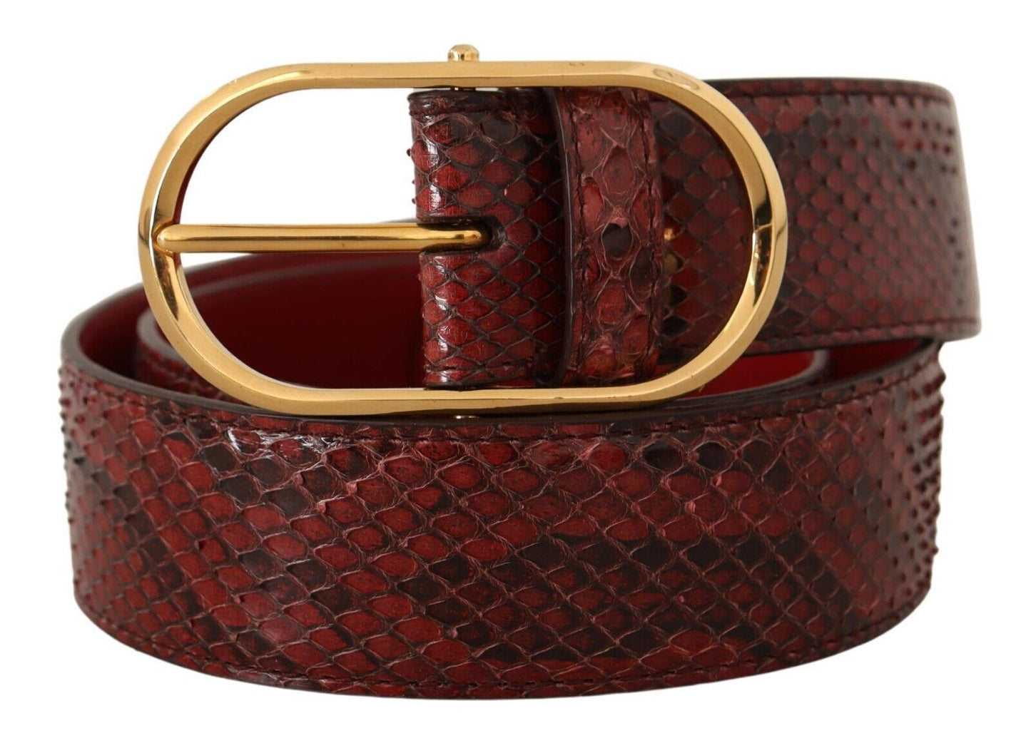 - Red Snakeskin Leather Belt with Gold Buckle