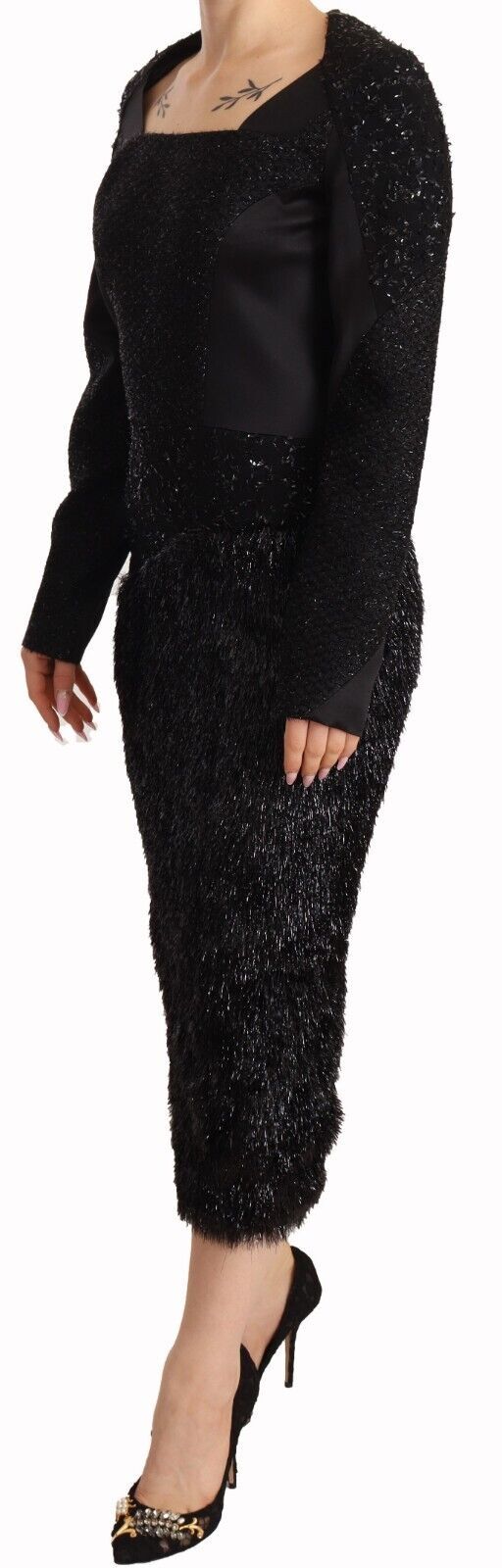 - Elegant Black Embellished Sheath Midi Dress