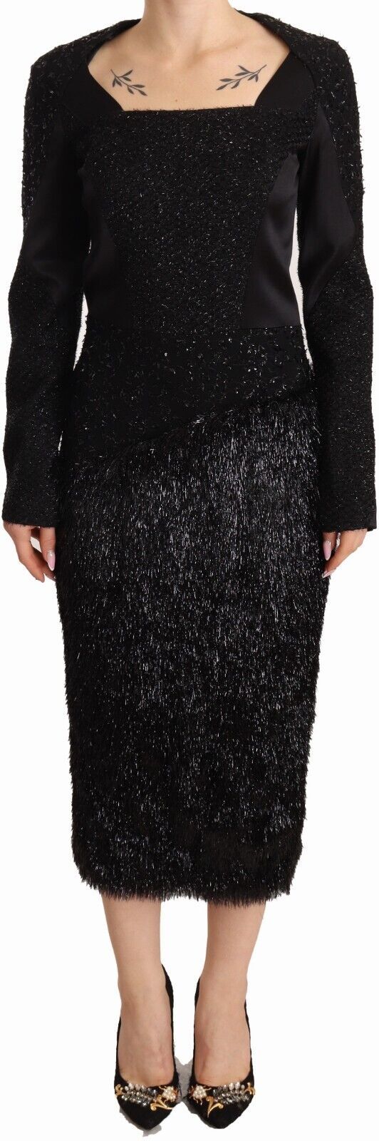 - Elegant Black Embellished Sheath Midi Dress