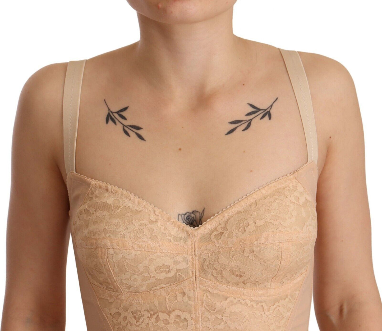 - Beige Lace Panel Stretch Bodysuit