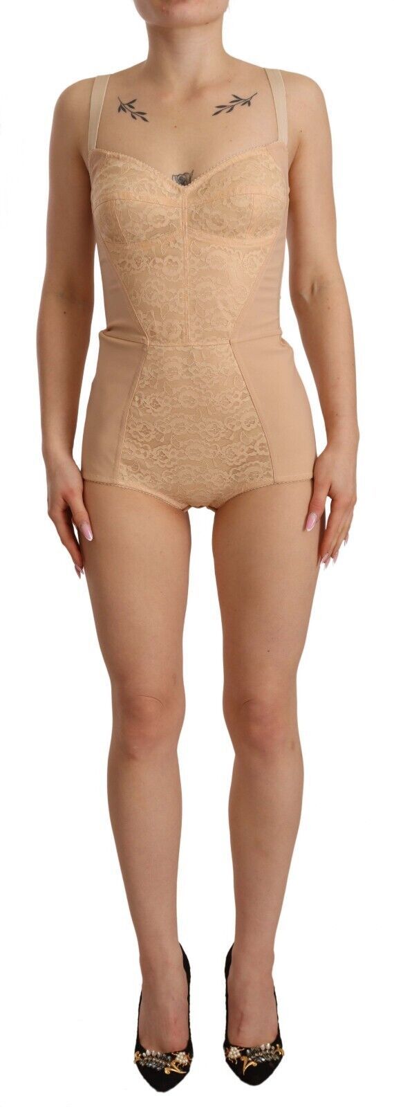 - Beige Lace Panel Stretch Bodysuit
