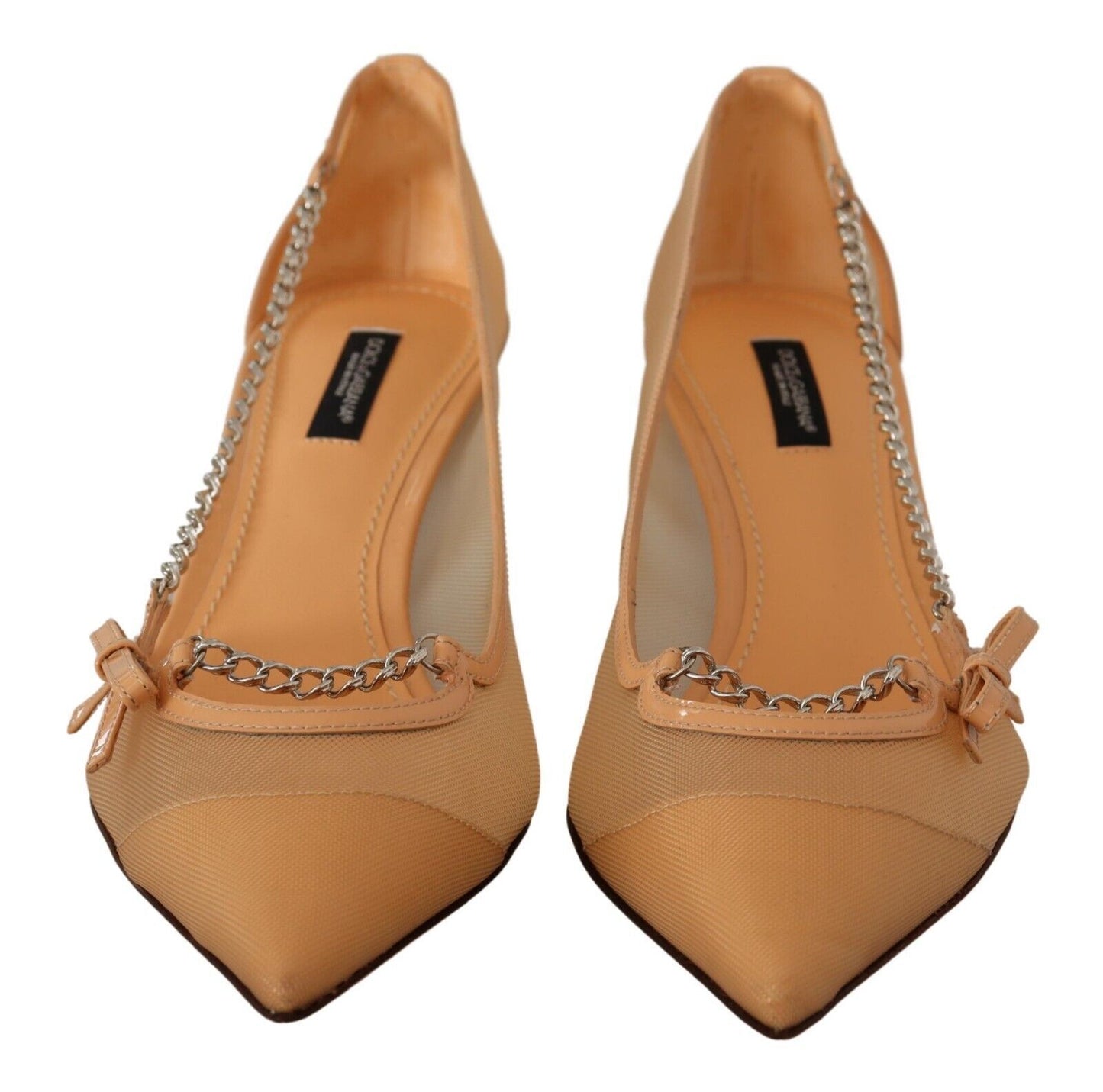 - Elegant Beige Mesh Pumps with Silver Chains