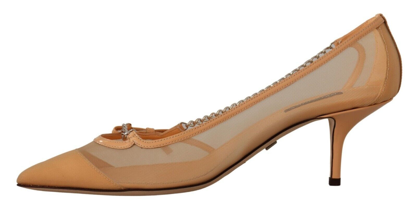 - Elegant Beige Mesh Pumps with Silver Chains