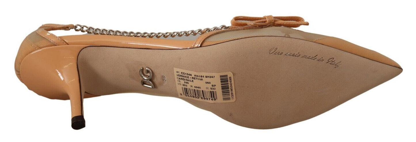 - Elegant Beige Mesh Pumps with Silver Chains