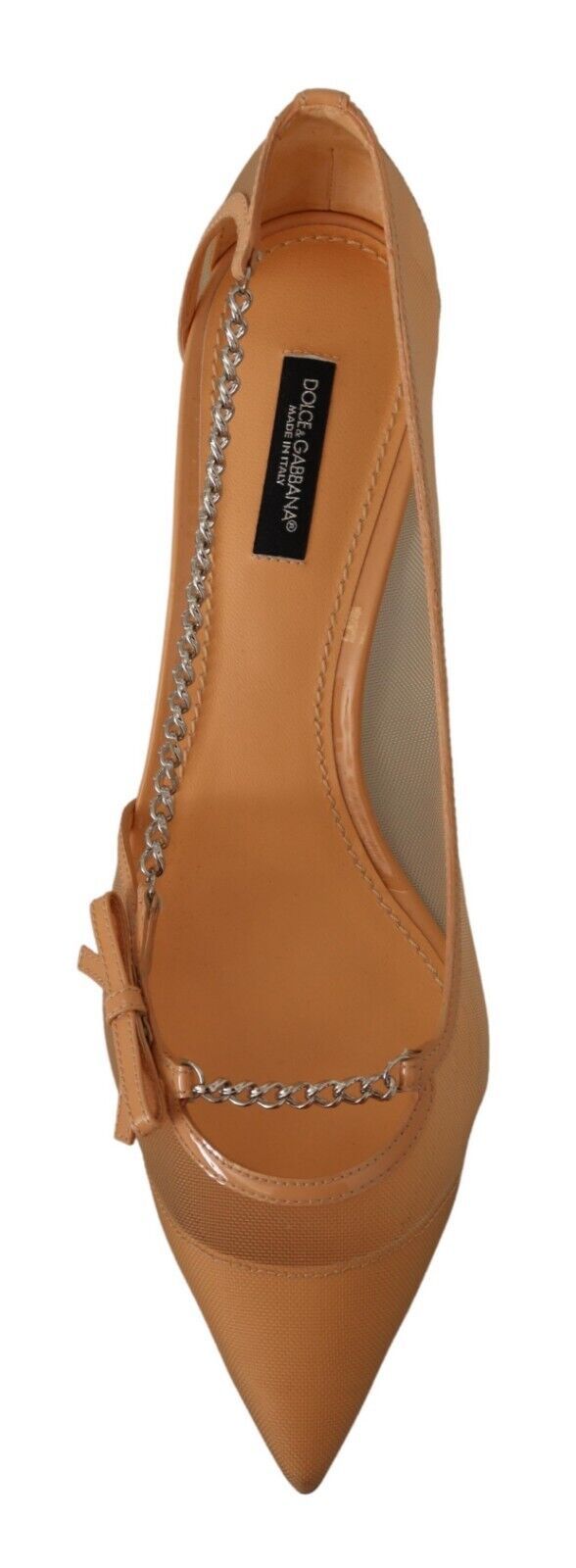 - Elegant Beige Mesh Pumps with Silver Chains