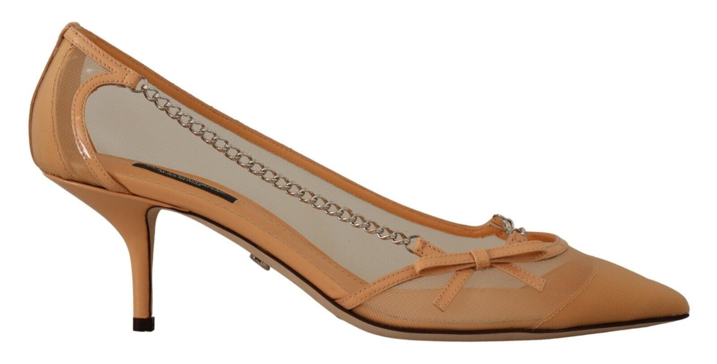 - Elegant Beige Mesh Pumps with Silver Chains