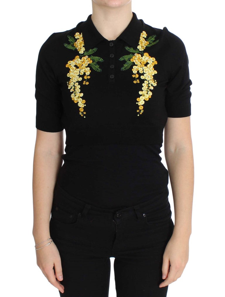 - Elegant Black Silk Floral Polo Top