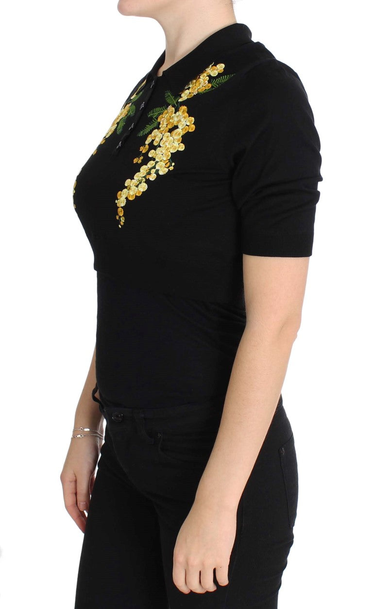 - Elegant Black Silk Floral Polo Top