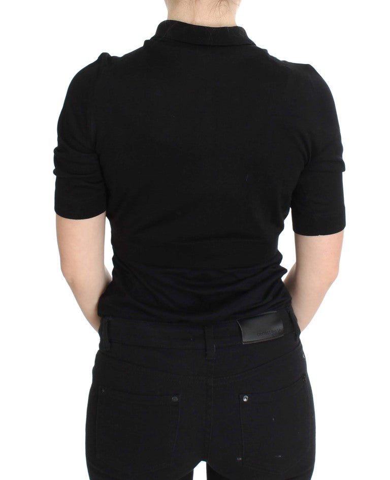 - Elegant Black Silk Floral Polo Top