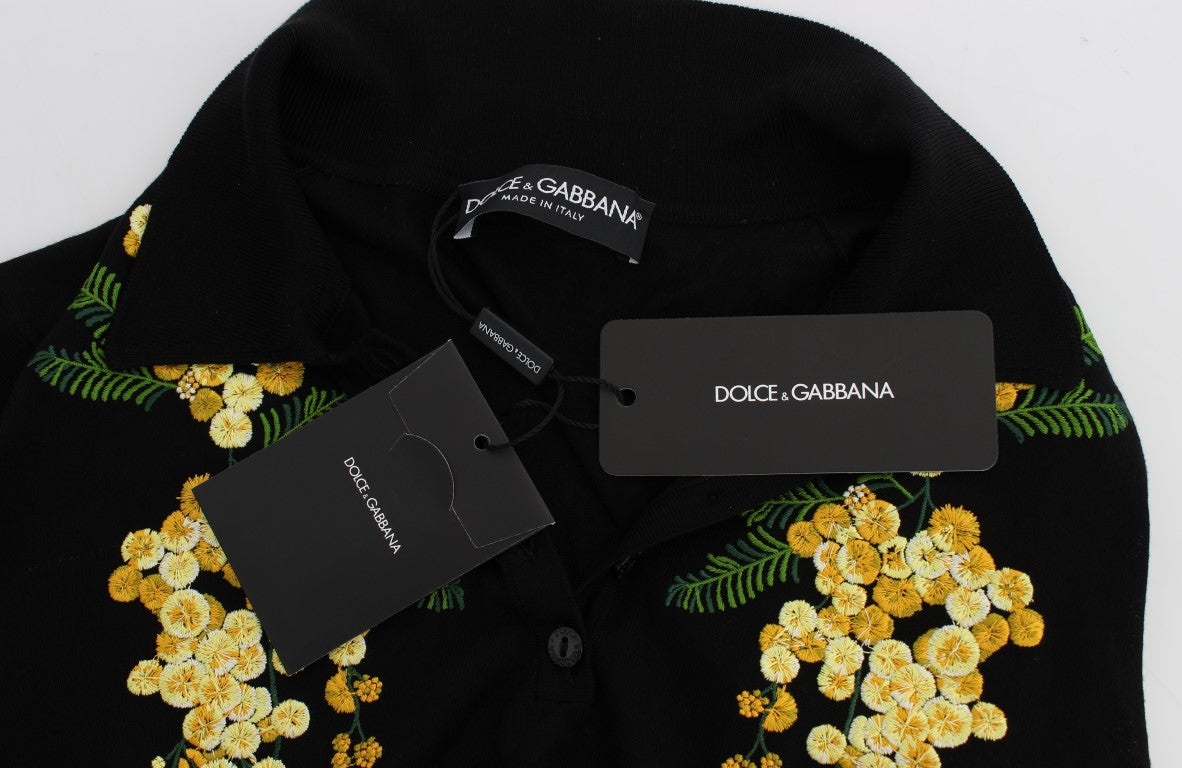 - Elegant Black Silk Floral Polo Top