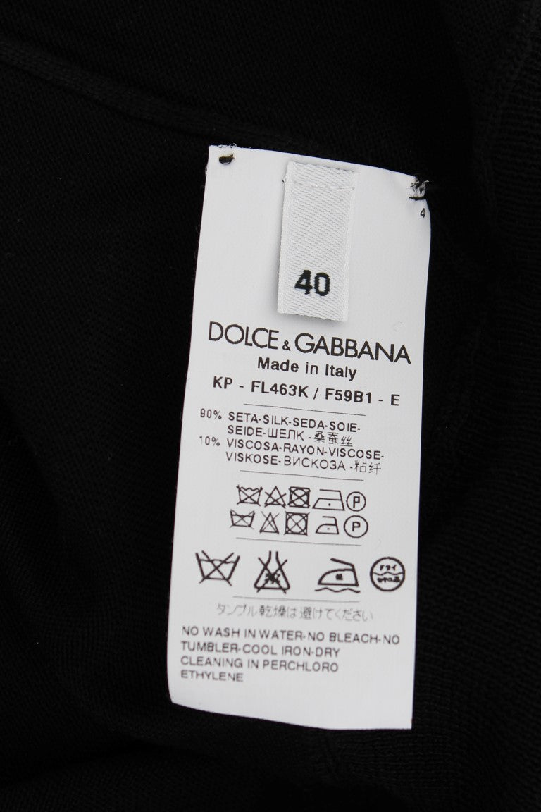 - Elegant Black Silk Floral Polo Top