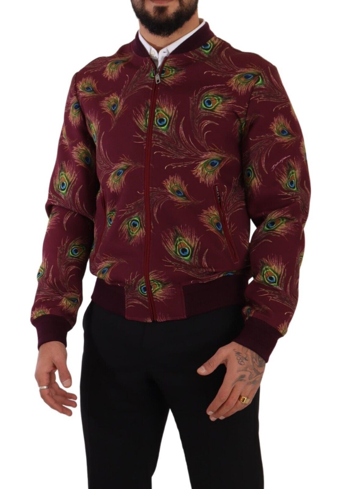 - Radiant Red Peacock Print Bomber Jacket