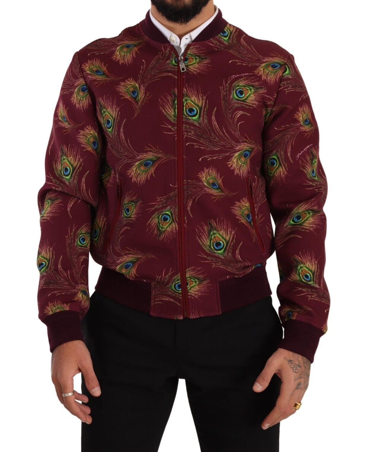 - Radiant Red Peacock Print Bomber Jacket