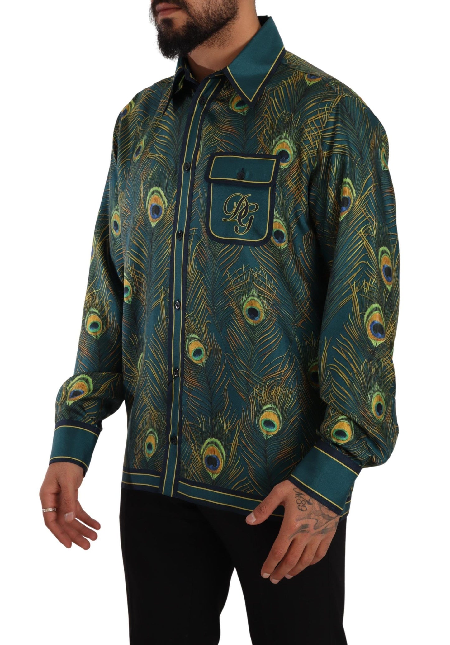 - Peacock Feather Print Silk Shirt