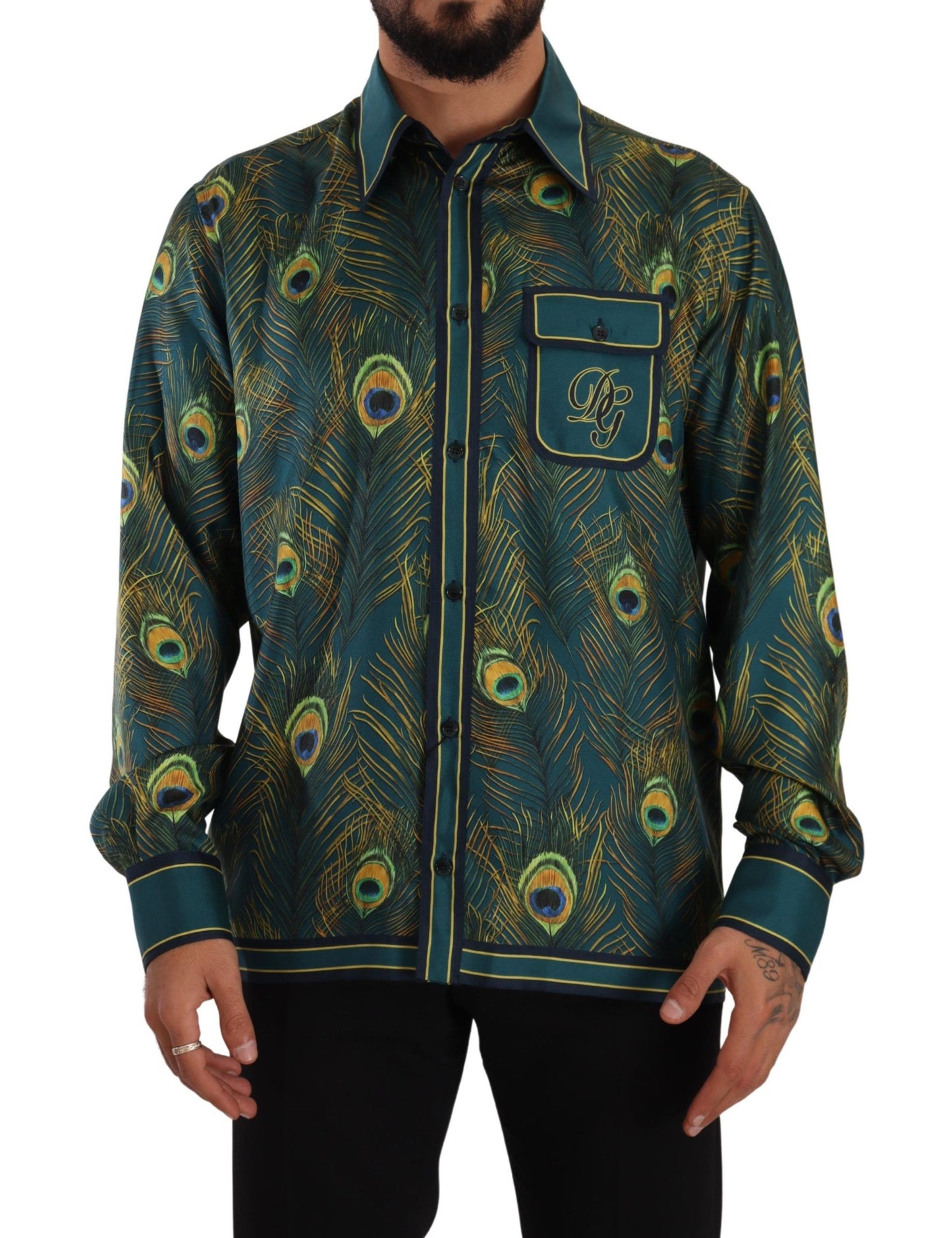 - Peacock Feather Print Silk Shirt