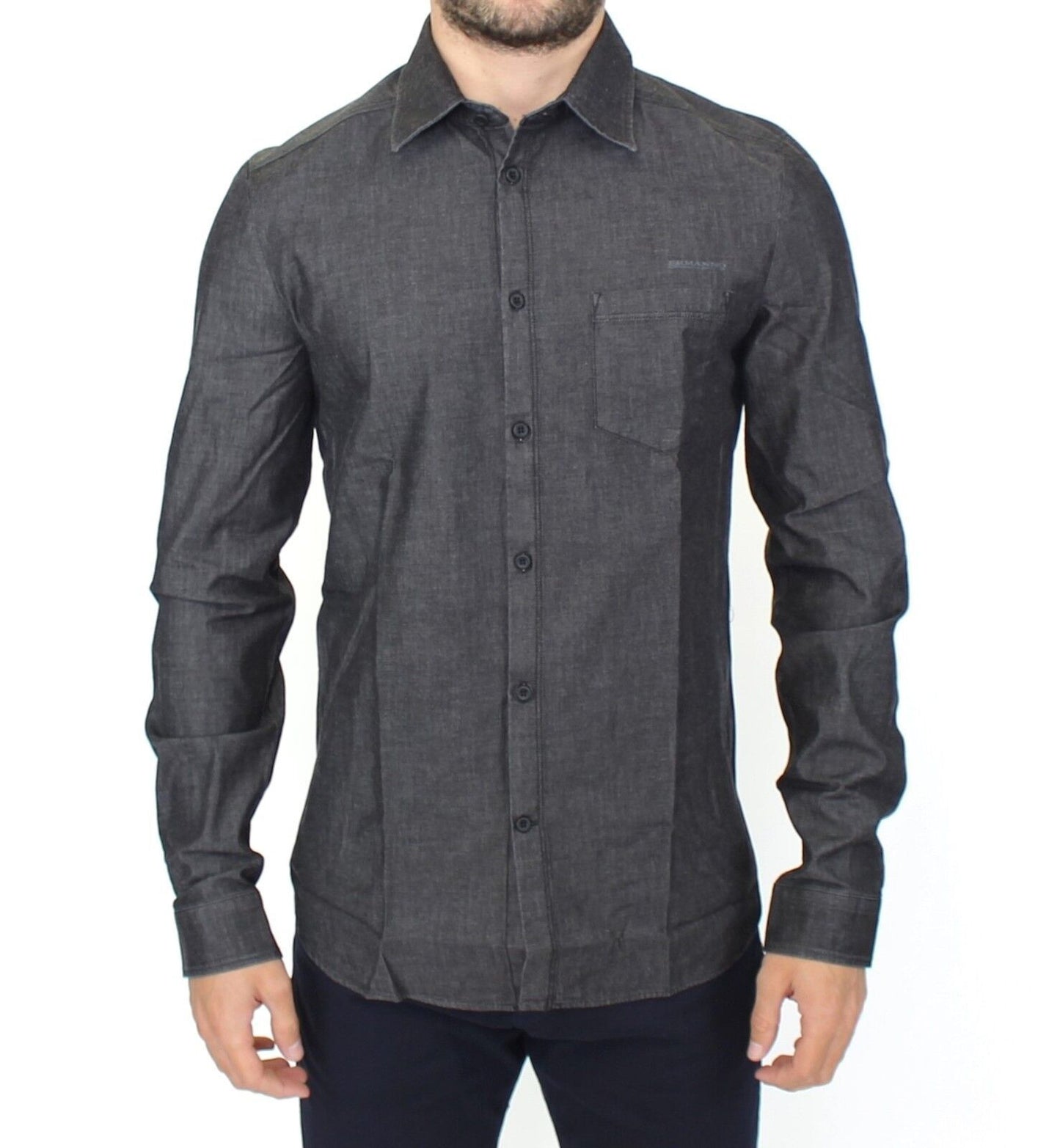 - Elegant Gray Stretch Denim Casual Shirt