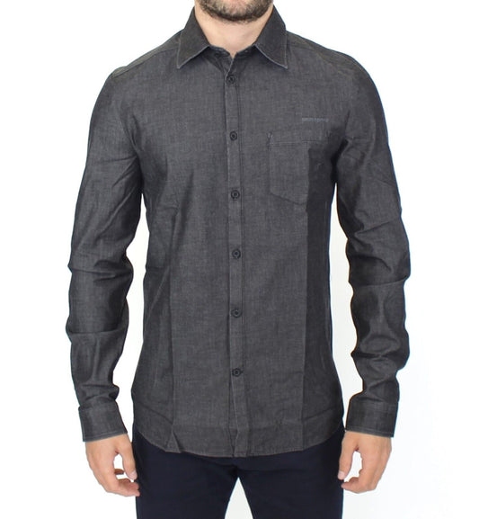 - Elegant Gray Stretch Denim Casual Shirt