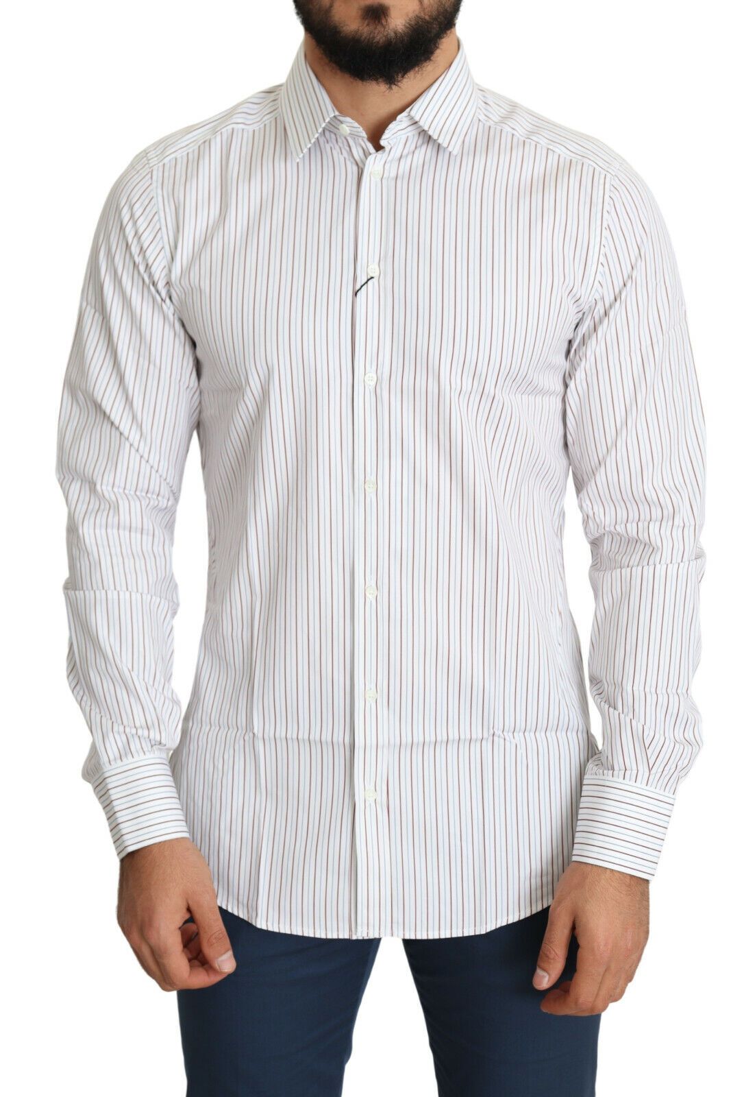 - Elegant White Striped Cotton Dress Shirt