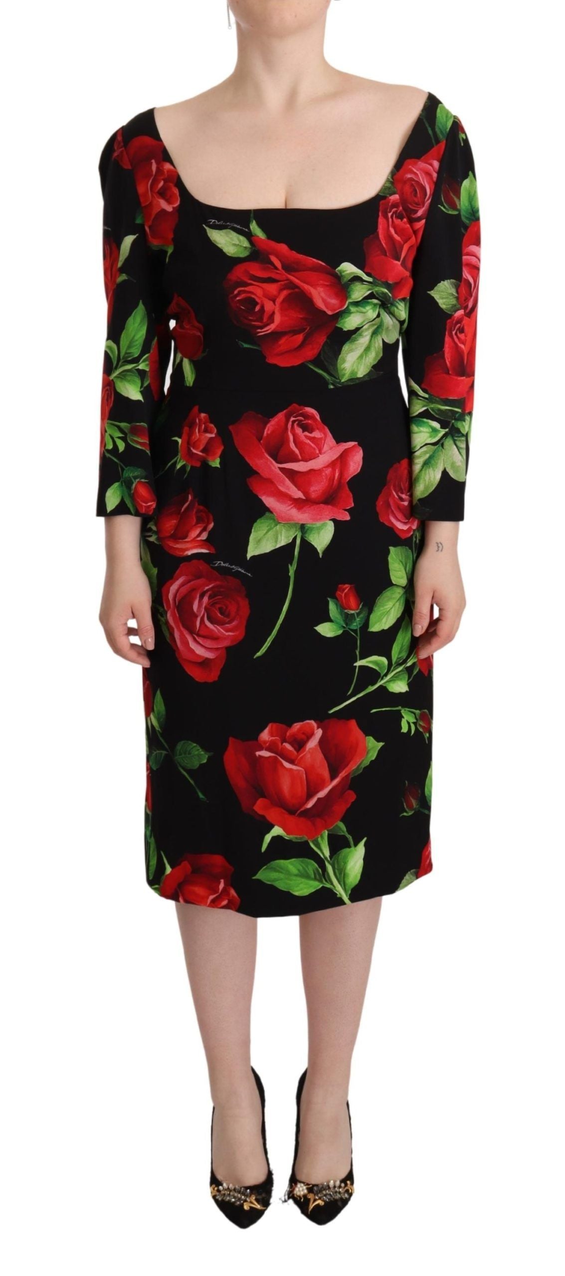 - Elegant Floral Print Silk Sheath Dress