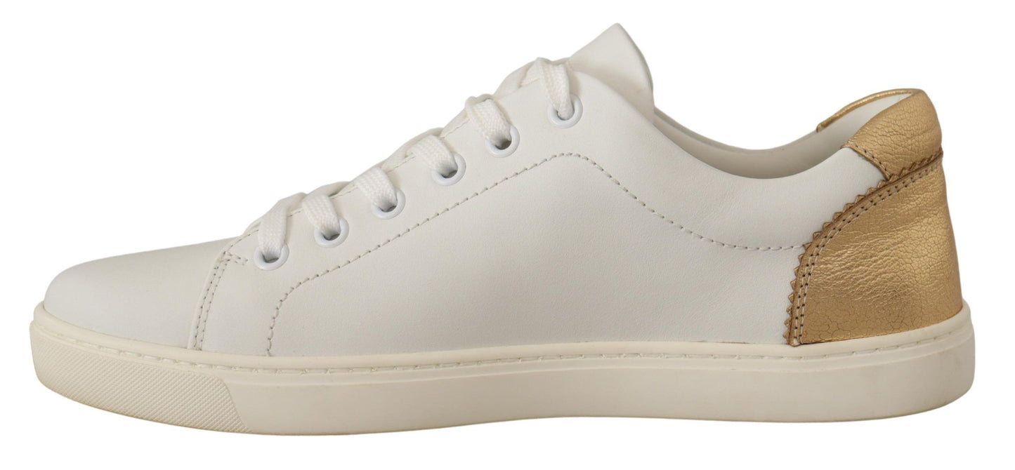 - Elegant White Leather Sneakers with Gold Accents