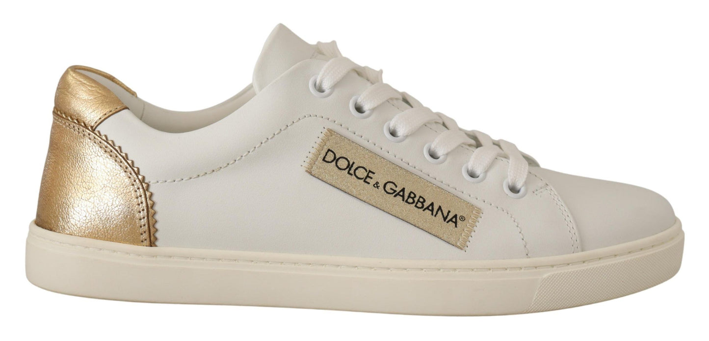 - Elegant White Leather Sneakers with Gold Accents