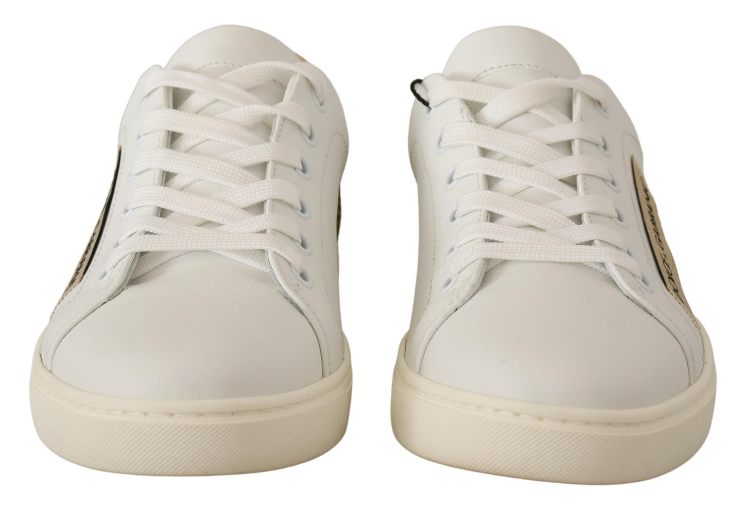 - Elegant White Leather Sneakers with Gold Accents
