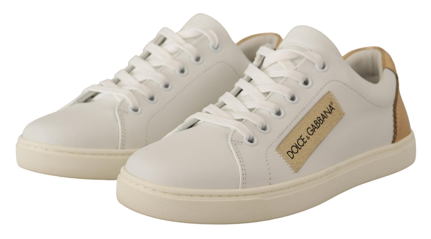 - Elegant White Leather Sneakers with Gold Accents