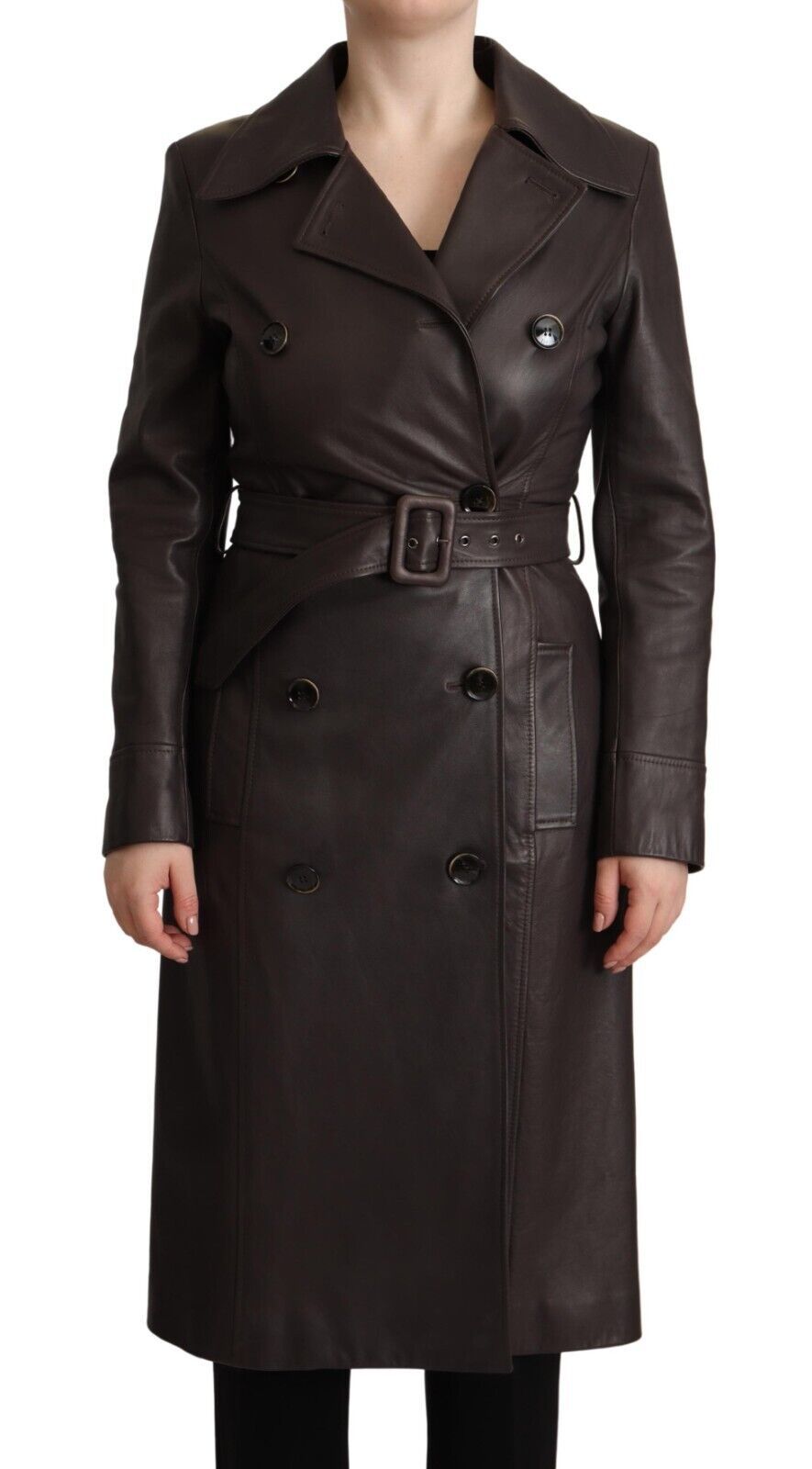 - Elegant Double-Breasted Lambskin Leather Coat