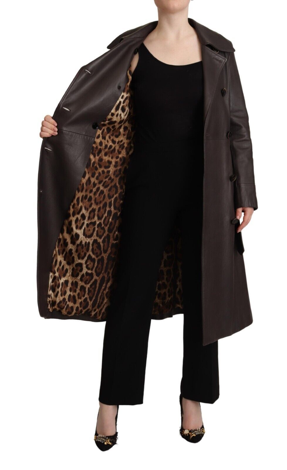 - Elegant Double-Breasted Lambskin Leather Coat