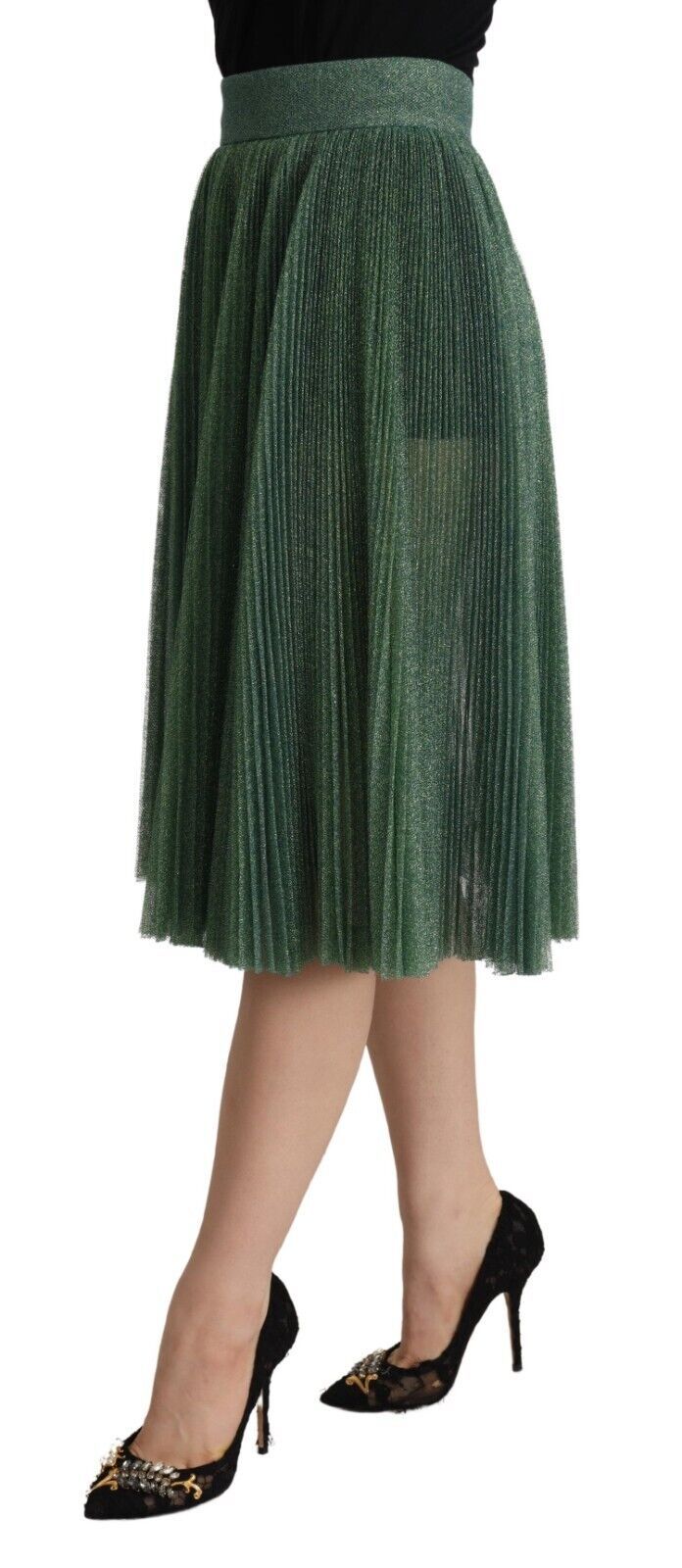 - Metallic Green Pleated A-Line Midi Skirt