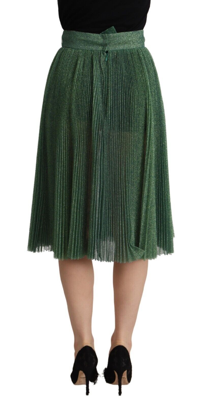 - Metallic Green Pleated A-Line Midi Skirt