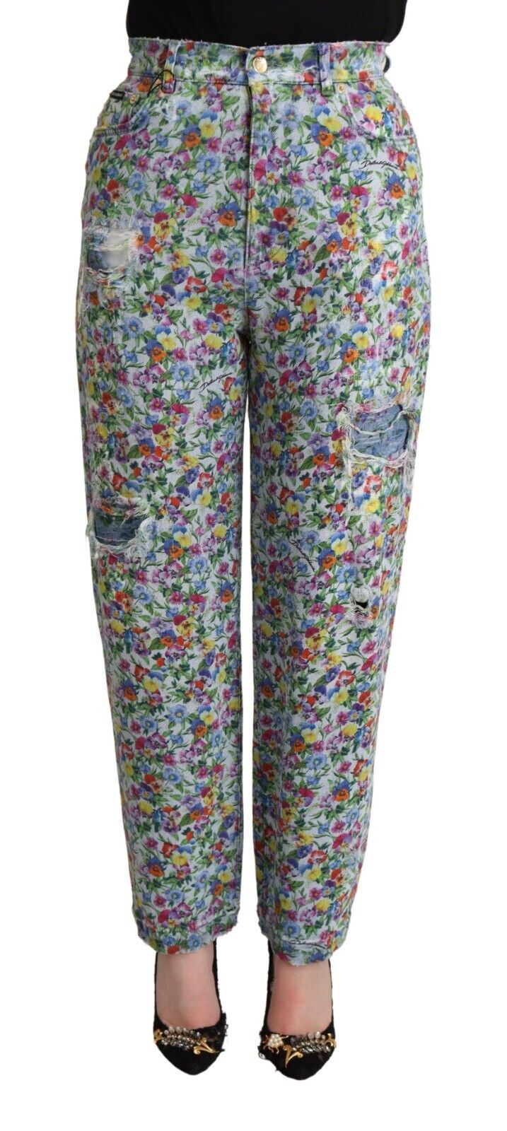 - Floral High Waisted Tapered Denim Jeans