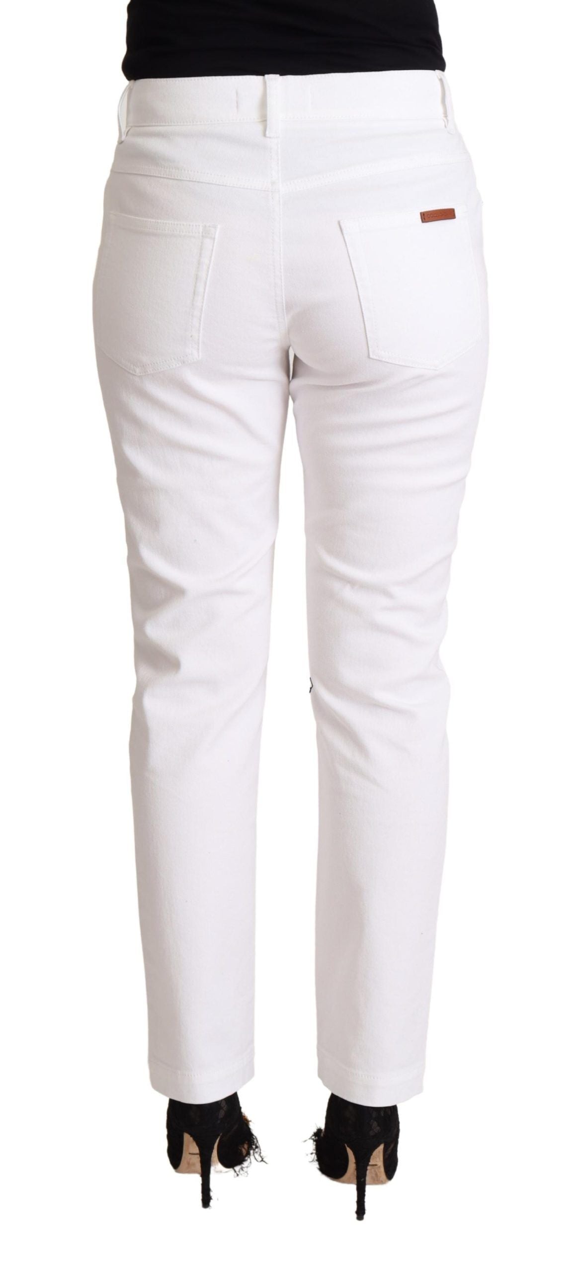 - Chic White Tapered Denim Jeans with Logo Patch