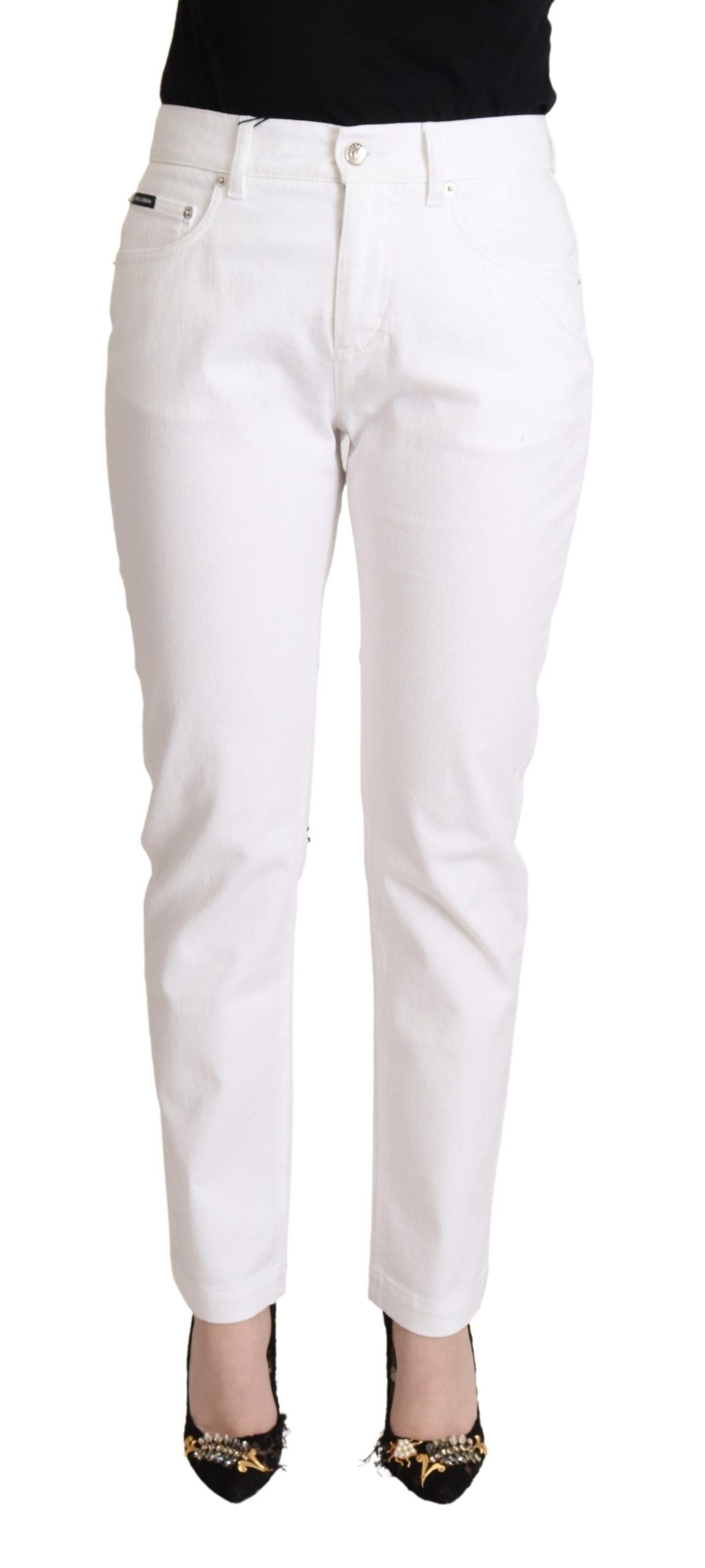 - Chic White Tapered Denim Jeans with Logo Patch