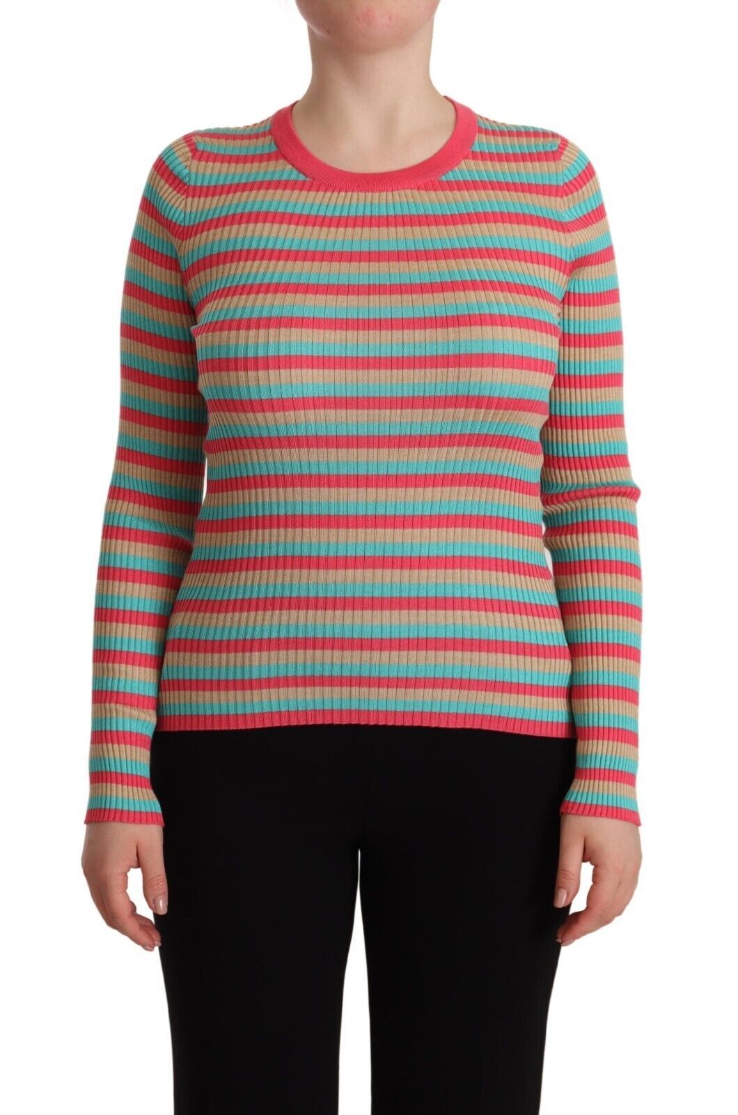 - Elegant Striped Silk Crew Neck Pullover