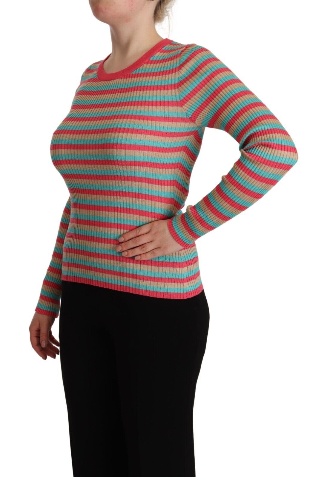 - Elegant Striped Silk Crew Neck Pullover
