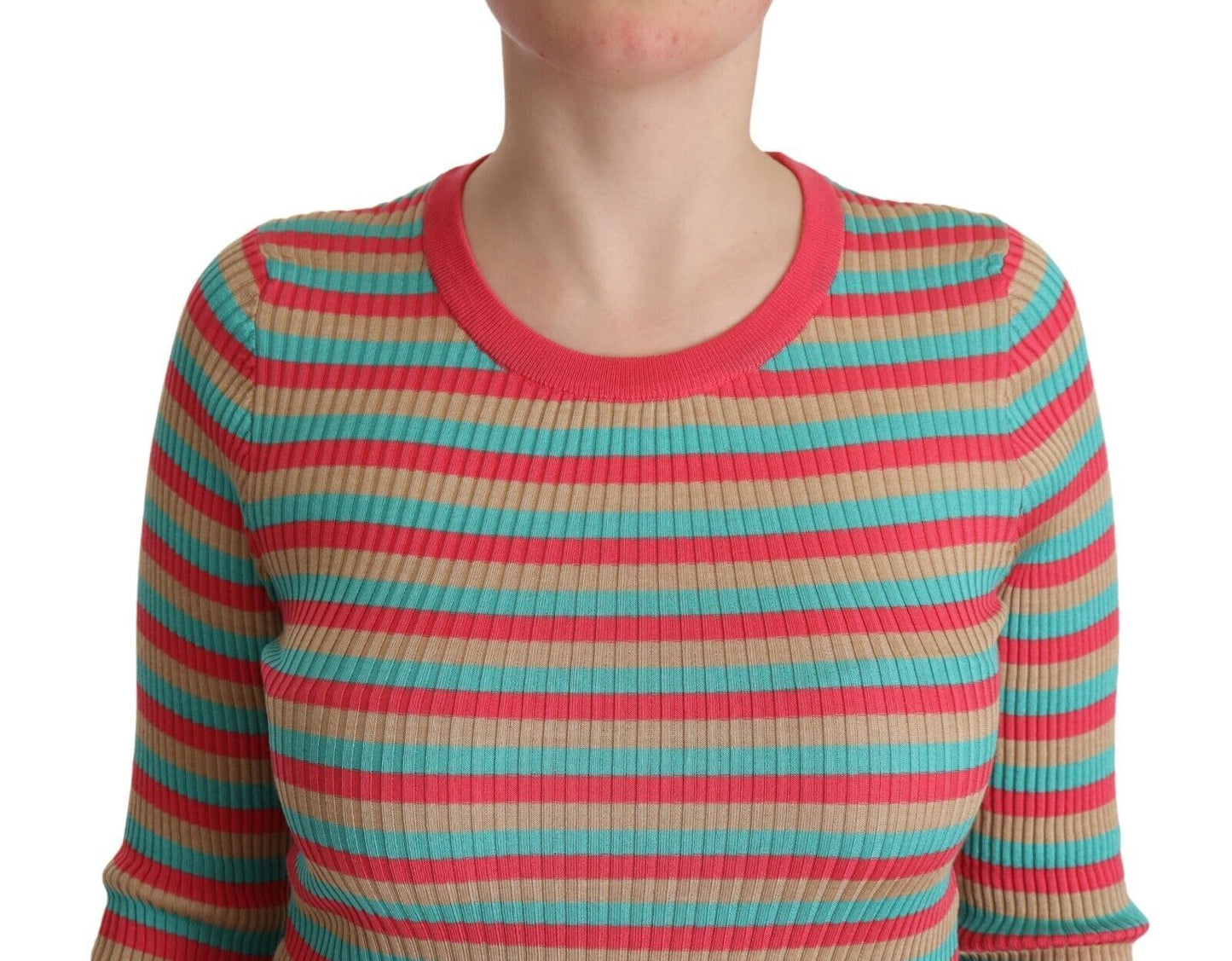 - Elegant Striped Silk Crew Neck Pullover