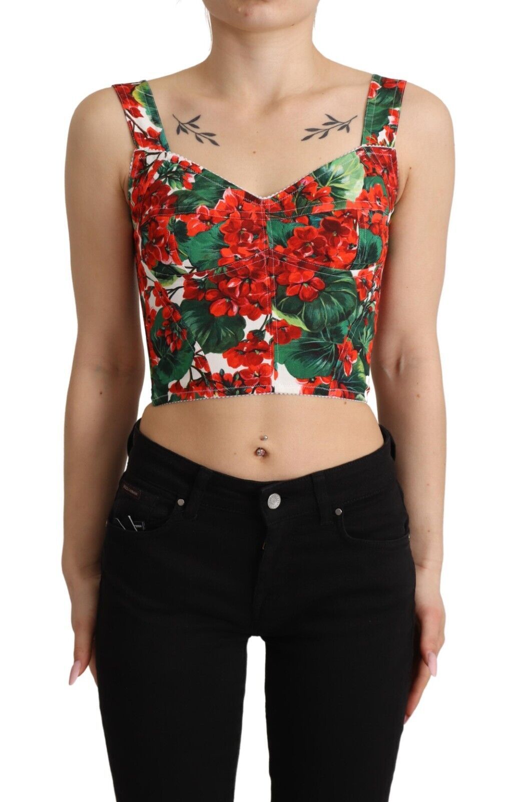 - Elegant Red Cropped Top with Geranium Print