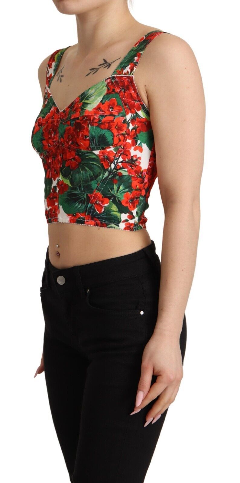 - Elegant Red Cropped Top with Geranium Print