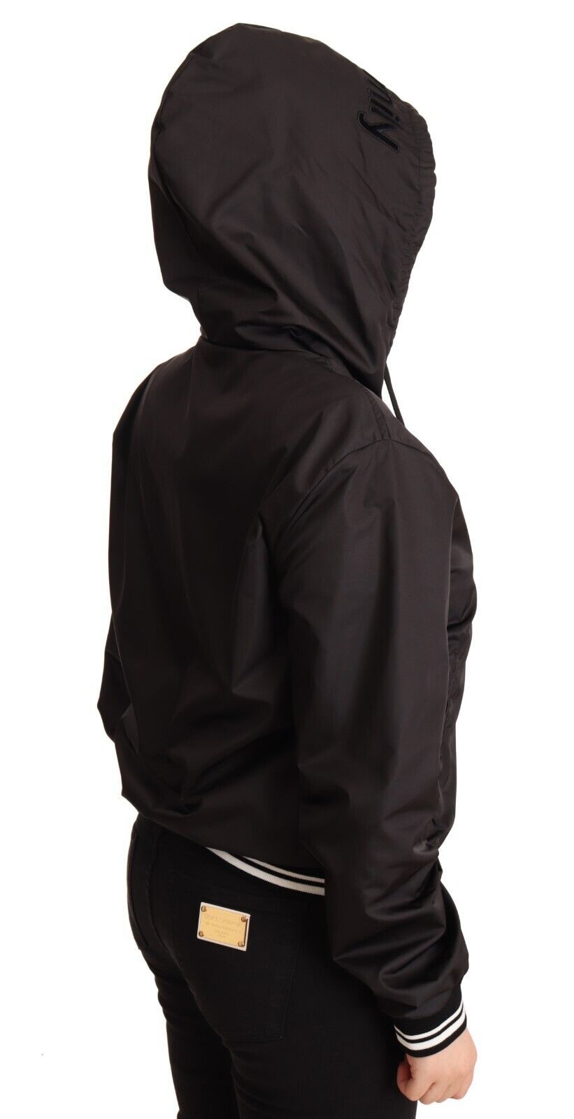 - Elegant Black Bomber Jacket with Hood