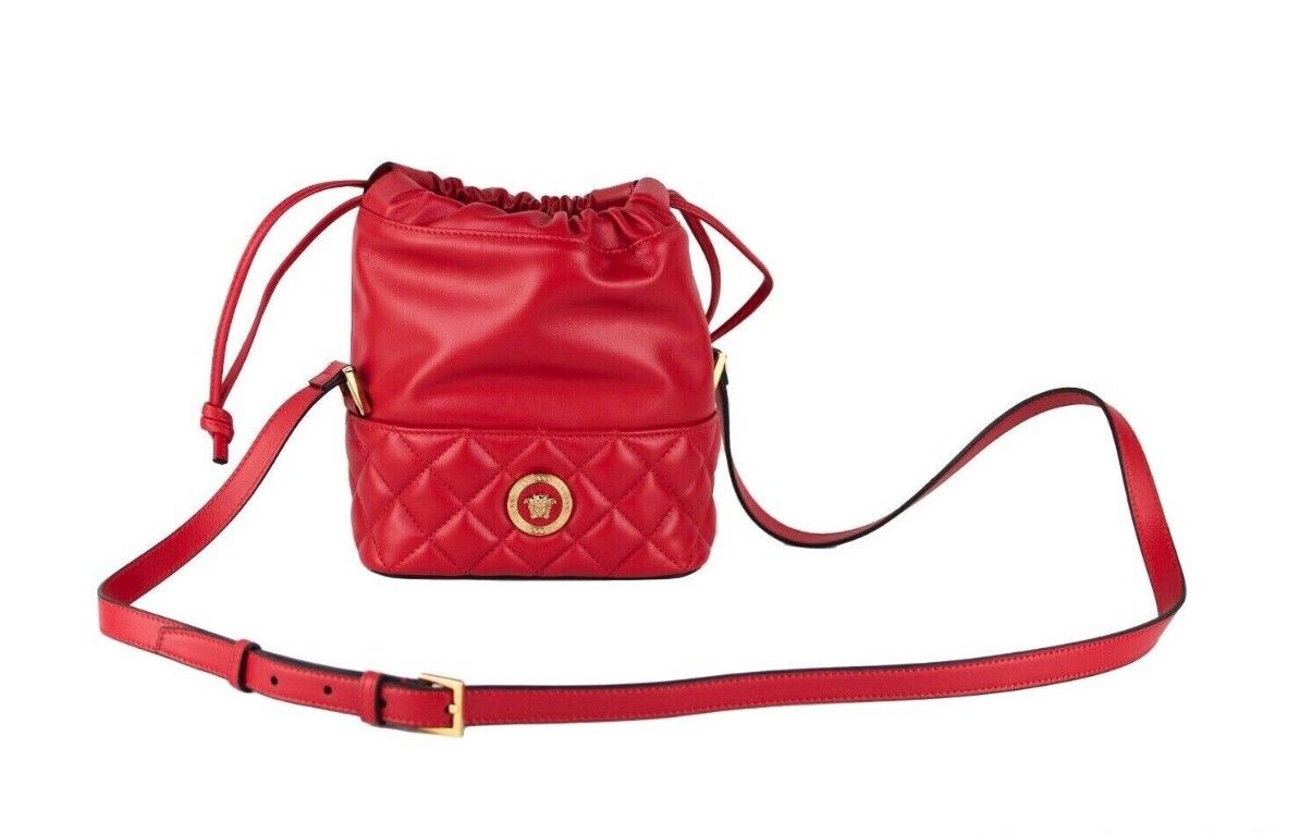 - Red Quilted Leather Drawstring Shoulder Bag Bucket Crossbody Handbag