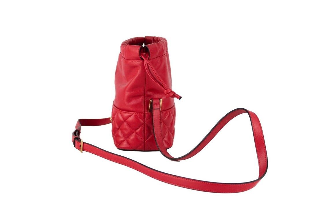 - Red Quilted Leather Drawstring Shoulder Bag Bucket Crossbody Handbag
