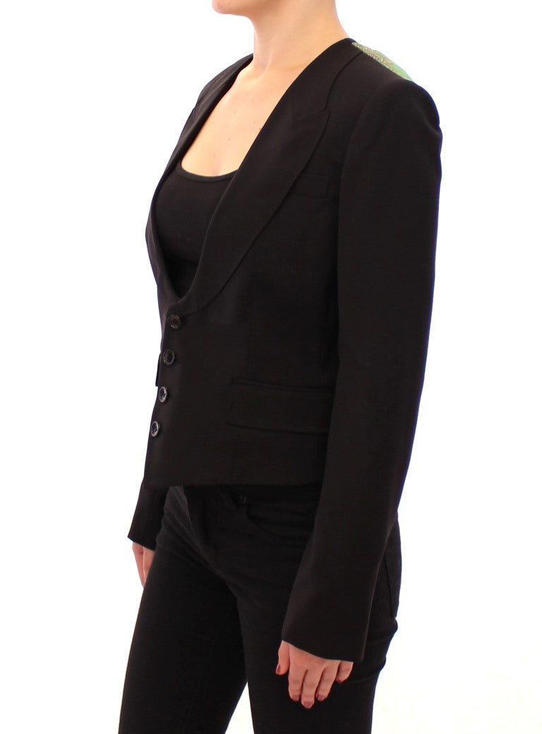 - Elegant Silk-Blend Black Blazer with Scarf Back Detail