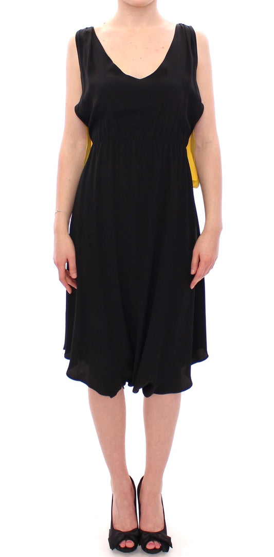 - Elegant Silk Blend Shift Dress in Black and Yellow