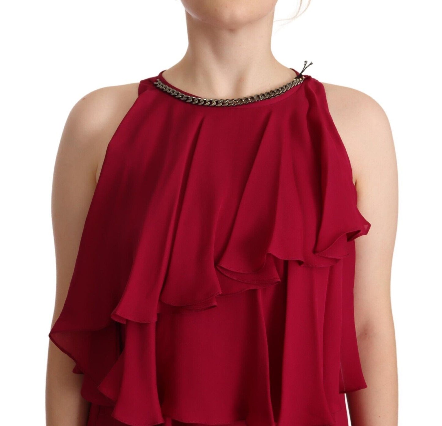 PLEIN SUD Silk Sleeveless Ruffled Maxi Dress in Marrone